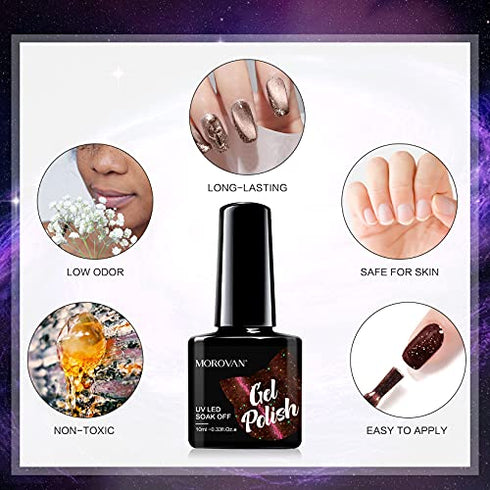 Morovan Cat-Eye Gel Nail Polish Kit - 6 Glitter 9D Magnetic Colors Changing Gel Nail Polish Set Holographic Cat-Eyes Temperature Rainbow Mood Changing Phantom Chameleon Nail Polish Kit