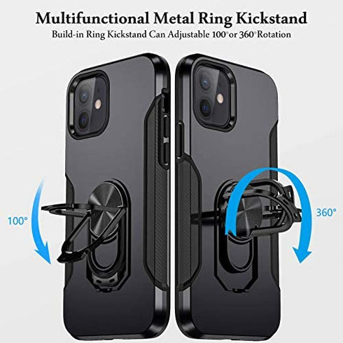 Charlam Compatible with iPhone 12 Case, Compatible with iPhone 12 Pro Case 6.1 Inch 2020 for Men, Scratch-Resistant Shock-Absorbing Protective Bumper Cases Cover with Ring Holder Kickstand, Black