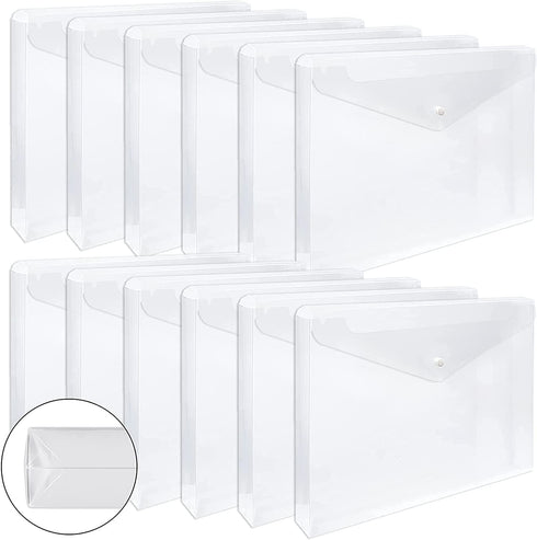 EOOUT 12pcs Plastic Envelopes, Clear Folders, Expandable Gusset and Plastic Waterproof Envelope with Snap Button Closure, Letter Size, A4 Size, for School and Office Suppiles