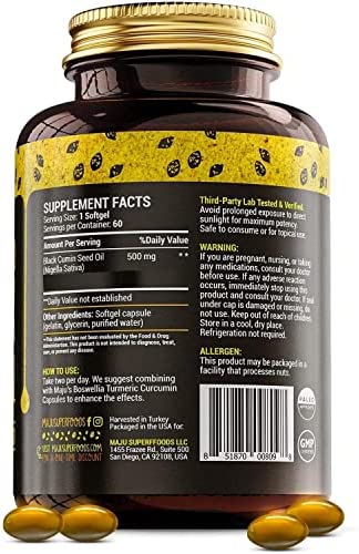 MAJU's Black Seed Oil Capsules - Cold Pressed, 2% Thymoquinone, 100% Turkish Black Cumin Nigella Sativa Seed Oil, Organic BSO, Non-GMO, 100% Liquid Pure Blackseed Oil, 60 count, 500mg per capsule