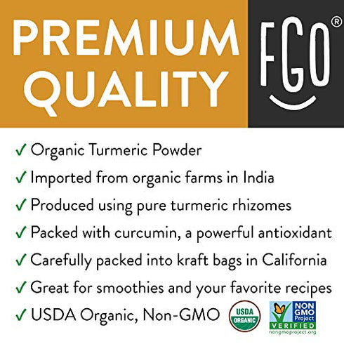 Organic Turmeric Root Powder w/ Curcumin | Lab Tested for Purity | 100% Raw from India | 8oz/226g Resealable Kraft Bag | by FGO