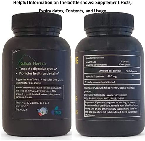 Third Eye Awakening - Organic Haritaki Capsules- Kailash Herbals-100 Capsules- 650 mg Each-Terminalia chebula