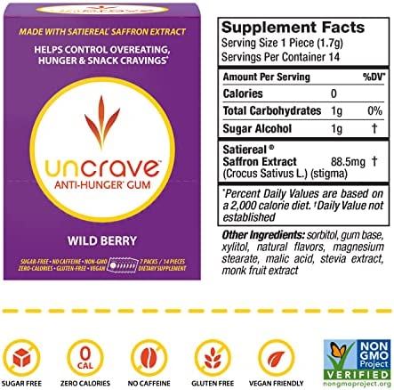 UnCrave Anti-Hunger Gum with Satiereal Saffron Extract - Control Compulsive Snacking, Overeating and Cravings for Healthy Weight Management - Improve Mood - Wild Berry, Box of 7 Packs