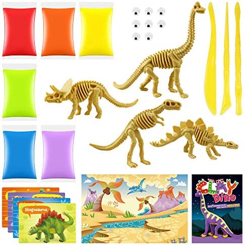 Create Your Own Clay Dino Build 4 Dinosaur Models with Air Dry Modeling Clay Arts & Crafts Kit for Boys & Girls Magic Modeling Clay for Kids Dinosaur Toys STEM Gifts Craft Activity Kit for Ages 6+