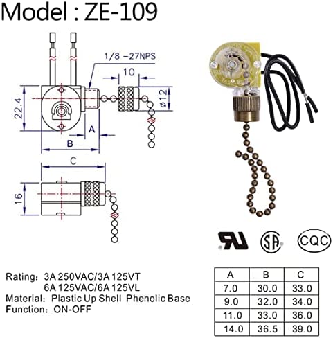 Ceiling Fan Light Switch Zing Ear ZE-109 Two-Wire Light Switch with Pull Cords for Ceiling Light Fans Lamps and Wall Lights Pull Chain Switch Control Replacement On-Off with Pull Chain,2 Pcs Bronze