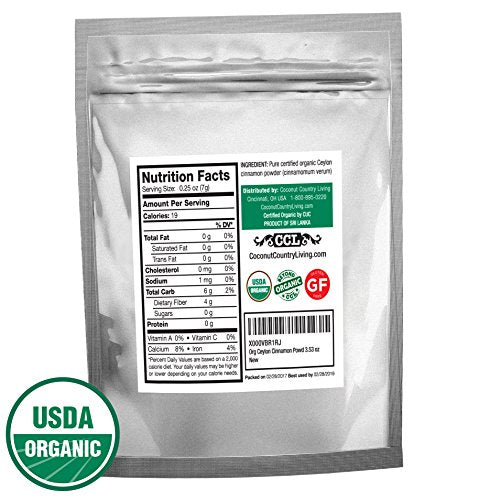 Coconut Country Living's organic Ground Ceylon Cinnamon 3.5 oz- True Raw Powdered Cinnamon Bark from Sri Lanka - Premium Grade Mild, Naturally Sweet Spice for Health & Food - Complimentary eBook