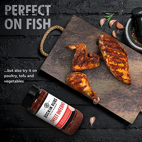 Sweet Inferno Seasoning and Rub | Smoky Sweet Dry Rub Spices for Salmon, Hamburgers, Steak, Chicken, Pork, Brisket, Ribs and Veggies | Rockin' Rubs, 4.5 oz