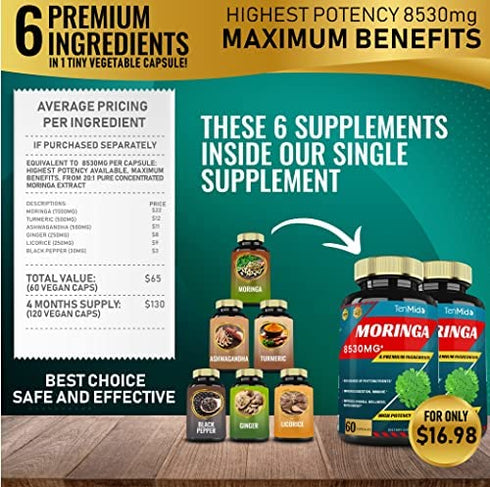 2 Packs Moringa Capsules 8530mg, 4 Months Supply & Turmeric, Ashwagandha, Ginger, Licorice, Black Pepper| Immune Support, Energy Booster | Multi Vitamin Oleifera Leaf Herb | Antioxidant Supplements