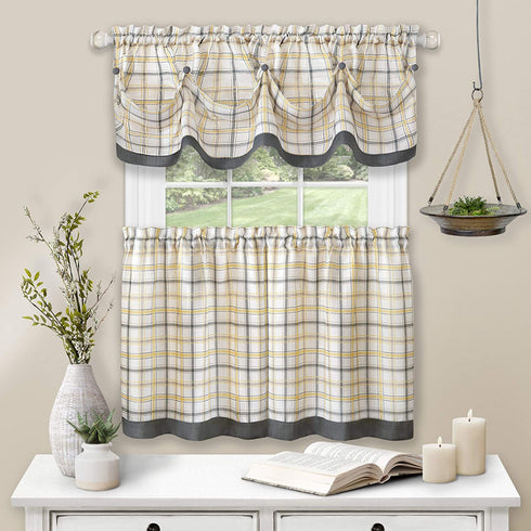 Achim Home Furnishings Tier Pair and Valance Set Tattersall Window Curtain, 58" x 24", Grey