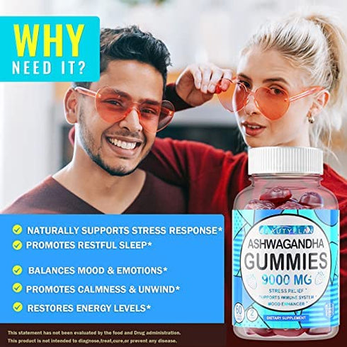BeautyÉlan Ashwagandha Gummies for Women Men 9000mg - Vegan Stress Relief Gummy - Ashawanga Root Extract with Vitamin D Supplement for Calm Mood, Relaxed Sleep & Immunity Support, Non-GMO 60 Gummies