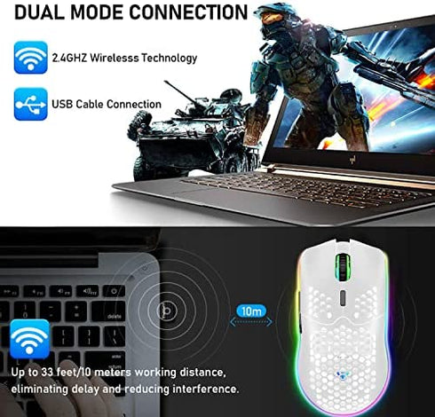Wireless Gaming Mouse Lightweight Honeycomb Design 3200 DPI Rechargeable Gaming Mouse with 16 Rainbow Backlit, USB Receiver,Compatible with PC Gamers and Xbox and PS4 Users