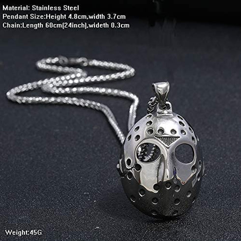 FIZIZDH Men's Stainless Steel Jason's Mask Hollow Openwork Pendant Necklace, 24 inch Keel Link Chain
