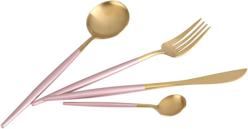 4 Pieces Stainless Steel Tableware Set Flatware Cutlery Set Including Steak Fork Spoons Knife Dinnerware Anti-Rust Utensil Set(Pink + Golden)