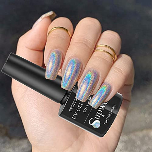 Supwee Universal Holographic Gel Polish Silver Glitter Nail Polish Gel Laser Nail Gel Polish Glossy Iridescent Mermaid Effect Varnish Soak Off UV Gel Nail Art for Nail Salon 10ml(0.33fl.oz)