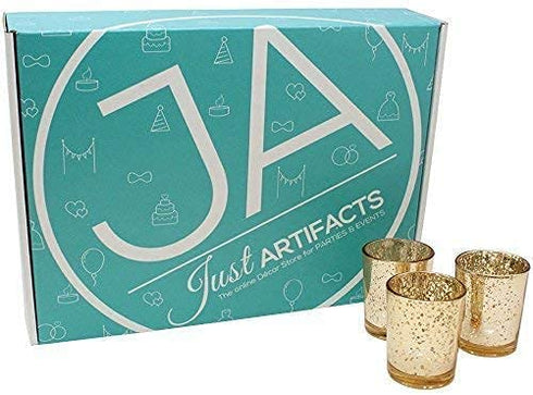 Just Artifacts 2.75-Inch Speckled Mercury Glass Votive Candle Holders (12pcs, Gold)