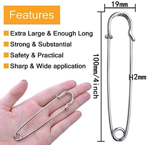 BESTCYC 10pcs 10.1cm x 22mm Silvery Extra Large Heavy Duty Safety Pins-Stainless Steel Safety Pins for Blankets, Skirts, Kilts, Knitted Fabric,Crafts