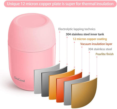 Insulated Lunch Container DaCool Hot Food Jar 16 oz Stainless Steel Vacuum Bento Lunch Box for Kids Girls Adult with Spoon Leak Proof Hot Cold Food for School Office Picnic Travel Outdoors - Pink