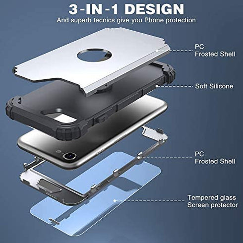 iPhone SE 3nd Generation Case with Screen Protector 2022, iPhone SE 2020 Case,IDweel 3 in 1 Shock Absorption Slim Heavy Duty Hard PC Cover Soft Silicone Bumper Full Body Durable Case,Silver