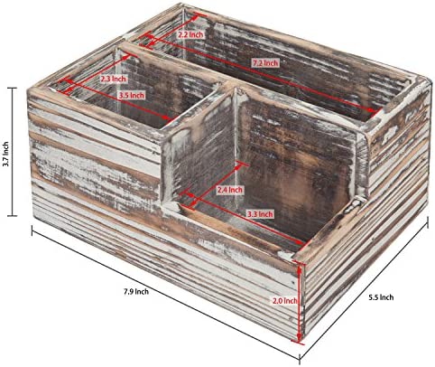 MyGift Rustic Torched Wood Office Desk Stationery Organizer - 3 Compartment Remote Control and Media Storage Holder