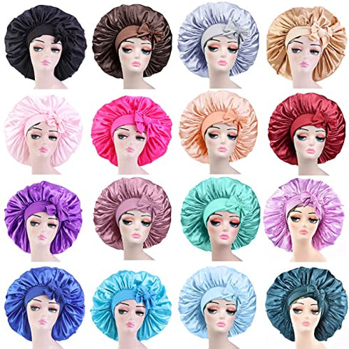Satin Bonnet Silk Bonnet with Elastic Tie Band Adjustable Straps Hair Bonnet Jumbo Size for Sleeping Satin Bonnet Stretchy Tie Band for Women Long Curly Braid Hair (Pink)