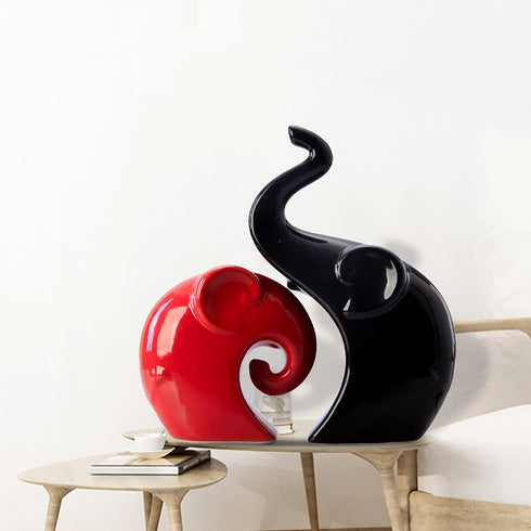 2 Pieces Ceramic Elephant Decor Figurine Elephant Statues for Home Decor Bookshelf Living Room Office Desk Elephants Statue Sculpture Decoration Accents (Red Black Elephant)