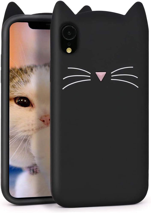 Megantree Cute iPhone XR case, Funny Animal Black Whisker Cat Ears Kitty Case, 3D Cartoon Soft Silicone Shockproof Slim Fit Back Cover Cases Skin for Girls Kids Women