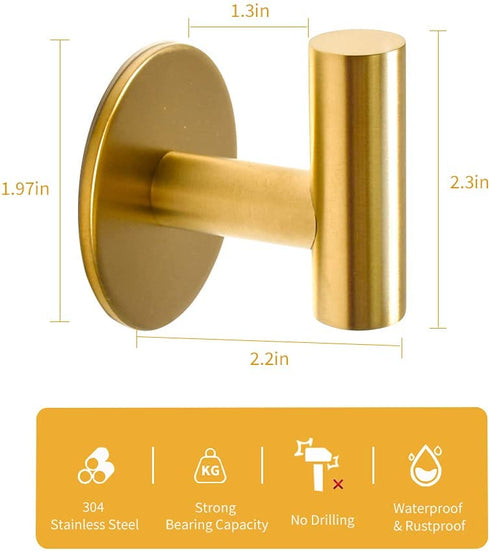 Vuzvuv Adhesive Hooks Brushed Gold SUS304 Stainless Steel Towel Hooks Heavy Duty Waterproof Wall Hooks Self Adhesive Coat Robe Towel Hooks for Bathrooms Kitchen Hotel Wall Mounted Hooks - 2 Pack