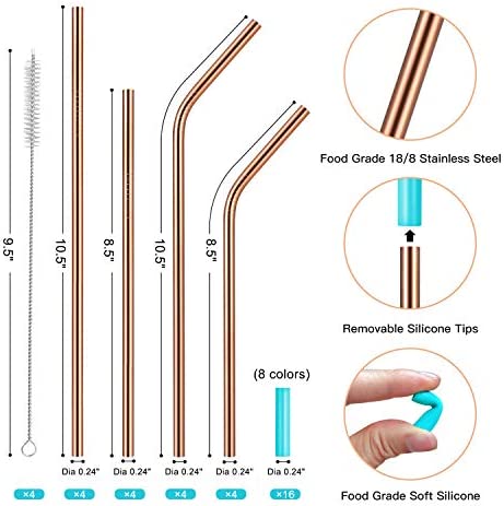 StrawExpert 16 Pack Rose Gold Reusable Metal Straws with Silicone Tip & Travel Case & Cleaning Brush,Long Stainless Steel Straws Drinking Straw for 20 and 30 oz Tumbler