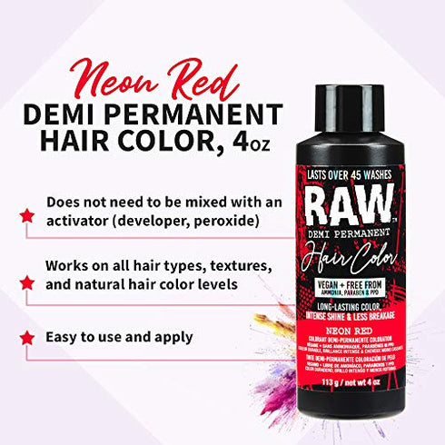 RAW Neon Red Demi-Permanent Hair Color, Vegan, Free from Ammonia, Paraben & PPD, lasts over 45 washes, 4oz