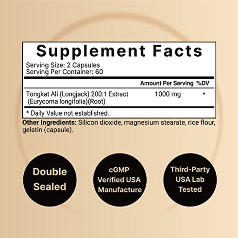 Tongkat Ali 200:1 as Long Jack Extract (Eurycoma Longifolia), 1000mg Per Serving, 120 Capsules, Supports Energy, Stamina and Immune System for Men and Women, Indonesia Origin, Non-GMO