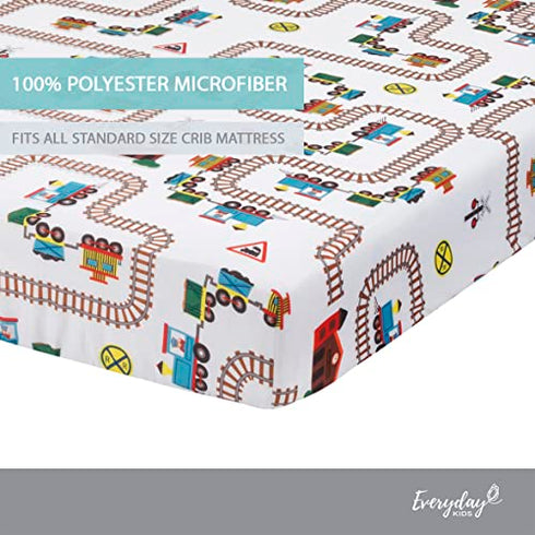 Baby Boy Fitted Crib Sheet Choo Choo Train, 100% Soft Breathable Microfiber Baby Sheet, Fits Standard Size Crib Mattress 28in x 52in, Nursery Sheet