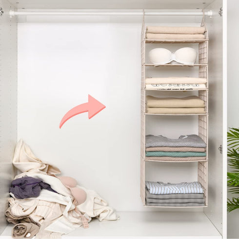 Gencuoir Foldable Closet Organizer,2-Layer Plastic Hanging Organizer Closet Organizer Hanging for Bathroom&Kids roomCan fit Sweater Shoes Tote Bag(Beige )