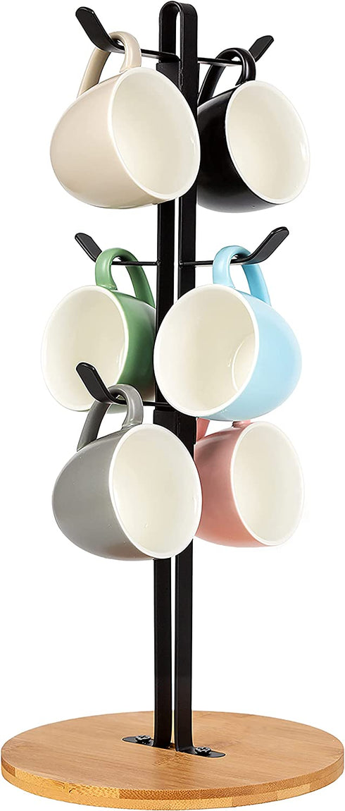 Coffee Mug Holder, Espresso Cup Holder, Mugs Tree Hanger, Bamboo Base Coffee Cup Holder Stand with 6 Hooks for Kitchen, Coffee Bar Counter