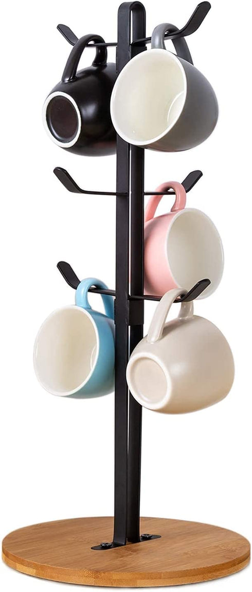 Coffee Mug Holder, Espresso Cup Holder, Mugs Tree Hanger, Bamboo Base Coffee Cup Holder Stand with 6 Hooks for Kitchen, Coffee Bar Counter