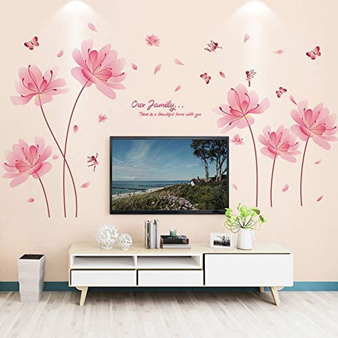 BuerHomie Pink Flowers Wall Stickers, Butterfly Decals for Living Bedroom, Art Décor for Nursery Girl Kids Room, Easy Furniture Refurbishment DIY