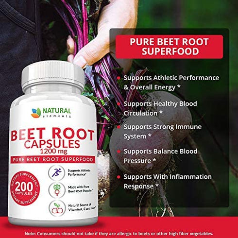 Beet Root Capsules - 1200mg Per Serving - 200 Beet Root Powder Capsules - Beetroot Powder Supports Blood Pressure, Athletic Performance, Digestive, Immune System (Pure, Non-GMO & Gluten Free)