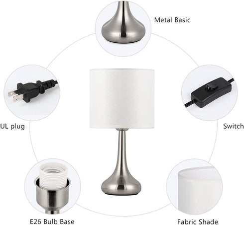 Bedside Table Lamp Modern Table Lamp Nightstand Lamp Small Desk Lighting Sliver Brushed Steel White Cylinder Shade for Living Room Bedroom Family Room Coffee Table