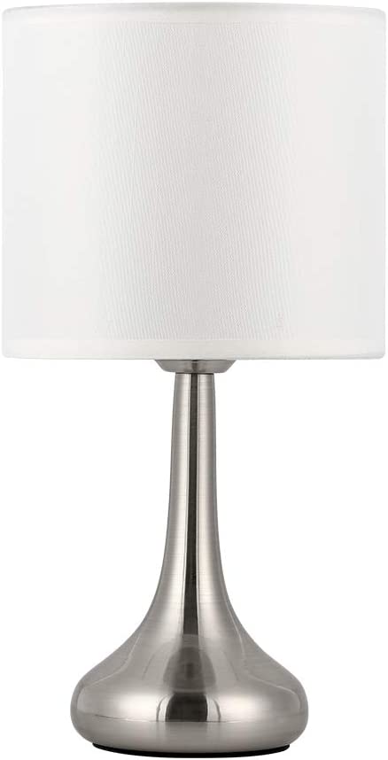 Bedside Table Lamp Modern Table Lamp Nightstand Lamp Small Desk Lighting Sliver Brushed Steel White Cylinder Shade for Living Room Bedroom Family Room Coffee Table