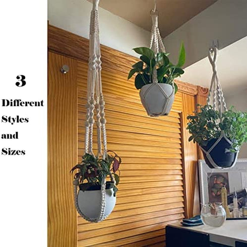 Bouqlife Macrame Plant Hangers no Tassel Set of 3 Indoor Boho Hanging Planter Holder with Hooks 34" / 22" / 20"