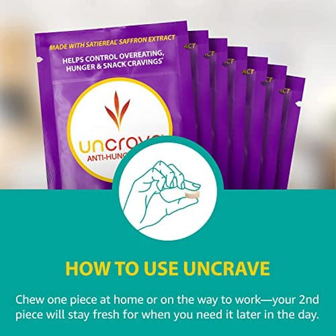 UnCrave Anti-Hunger Gum with Satiereal Saffron Extract - Control Compulsive Snacking, Overeating and Cravings for Healthy Weight Management - Improve Mood - Wild Berry, Box of 7 Packs