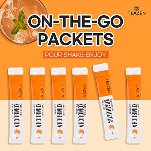 Teazen Kombucha Tea, Zero Sugar, Sparkling Fermented Powdered Mix Beverage from Korea, Live Probiotics & Prebiotics, 10 Sticks, 1.76oz (Citron)