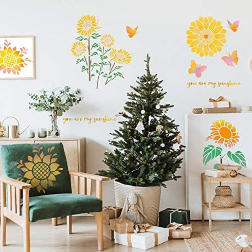 6 Pieces Sunflower Stencil Kit You are My Sunshine Stencil Butterfly Sunflower Reusable Mylar Template Stencils with Metal Open Ring for Painting on Wood Wall Home Decor