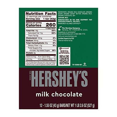 HERSHEY'S Organic Milk Chocolate Candy, Individually Wrapped, 1.55 oz Bar (12 Count)