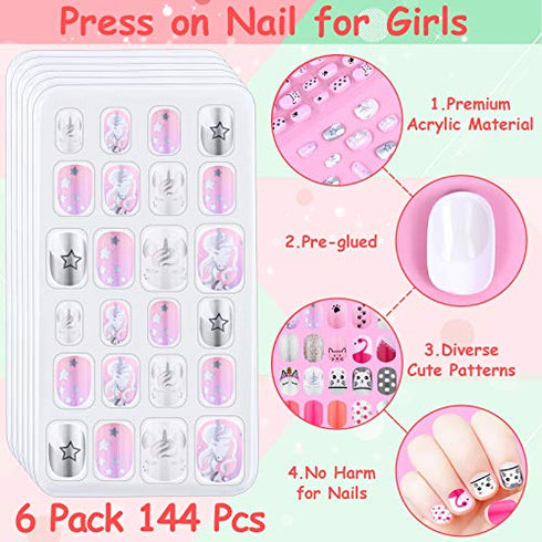 144 Pcs Fake Press on Nails for Kids, Thrilez Kids False Nails Children Artificial Fake Nail Tips Pre Glue Full Cover Short Nails for Girls Kids Teens Nail Art Decoration (Pink Series)