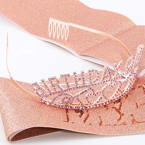 Birthday Crowns for Women, Didder Birthday Queen Rhinestone Tiara & Sash Kit, Rose Gold Birthday Tiaras and Crowns for Women Birthday Girl Crown Princess Crown Glitter Birthday Sash 21st Gifts Party