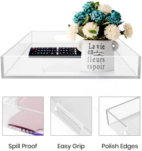 Clear Acrylic Ottoman Tray with Handles -12x12x2 Inch- Decorative Serving Trays for Appetizer,Breakfast -Countertop Organizer Storage Tray for Kitchen,Bathroom,Living Room