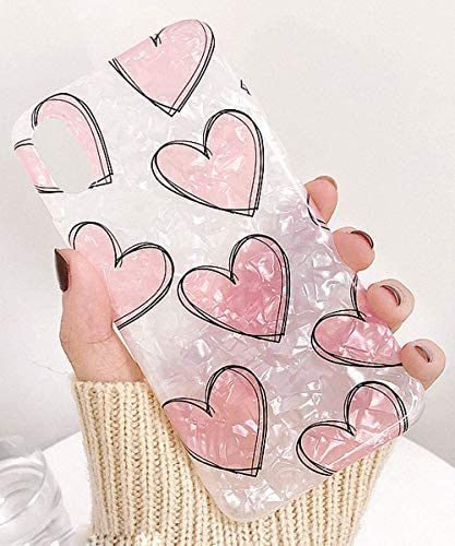J.west iPhone XR Case 6.1-inch Luxury Cute Pink Heart Design Sparkle Translucent Pearly-Lustre Love Pattern Print Flexible Slim Soft Silicone Rubber Protective Phone Case Cover for Girls Women