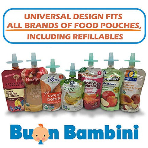 Buon Bambini Soft Sip Baby Food Pouch Toppers with Travel Case, 100% Silicone, Aqua/Blue, 2-Pack