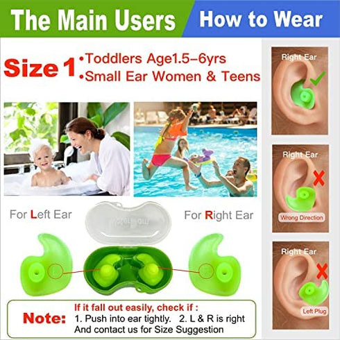 WaterDam Swimming Ear Plugs Great Waterproof Ultra Comfy Earplugs Prevent Swimmer's Ear (Size 1+2: Toddlers (Blue) & Small&Medium Ear Women Kids Teens (Green))