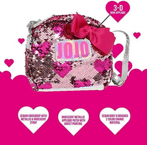 Jojo Siwa Crossbody Purse for Girls, Glitter Brushed Sequins with Bow, Little Girl's Lightweight Messenger Bag, Sling Bag for School and Outings, Pink Hearts with Adjustable Silver Strap